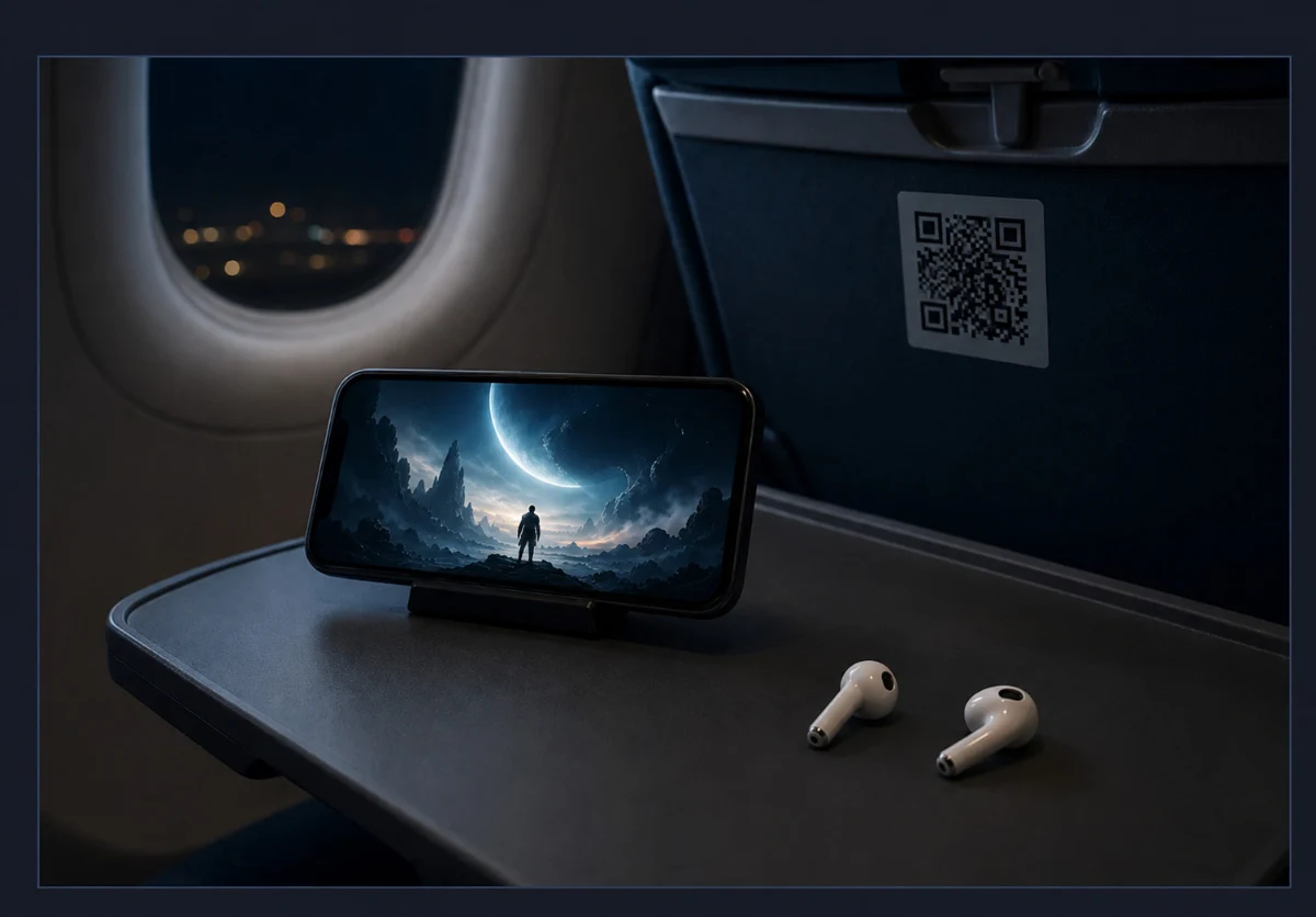 GHAYM unit on a cabin tray table with a passenger phone streaming